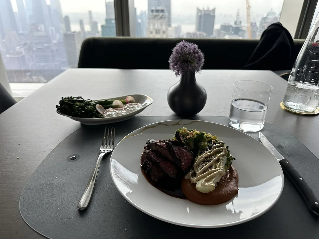 Dry-aged hanger steak with romanesco and grilled romaine