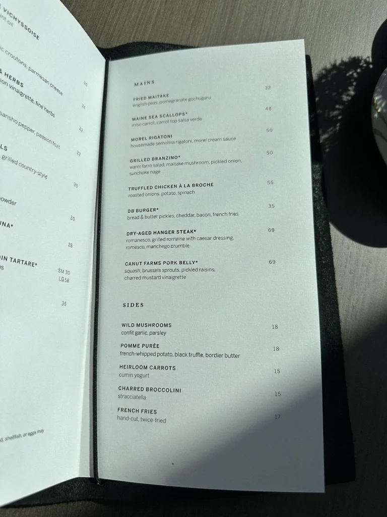 Menu with mains and prices