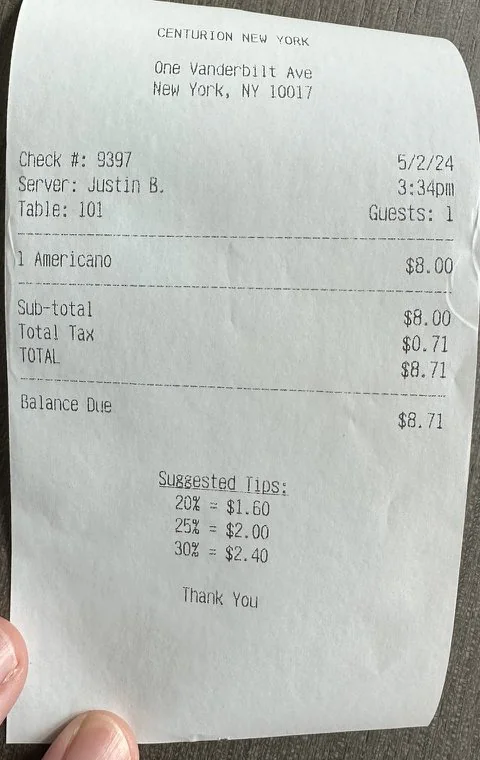 Receipt for one Americano at Centurion New York