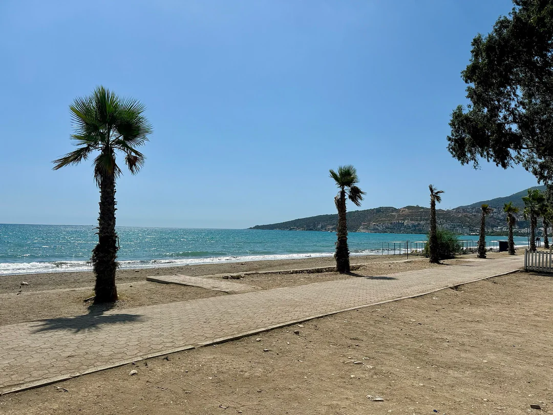 Strandpromenade mit Palmen