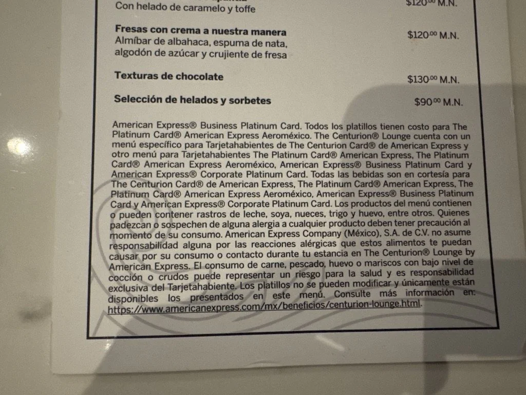 Note on the menu: separate menus for Centurion and Platinum
